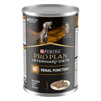 Purina Pro Plan Veterinary Diets NF Renal Function mousse dog food tin, designed to be recyclable, with image of a dog and plate of mousse on label