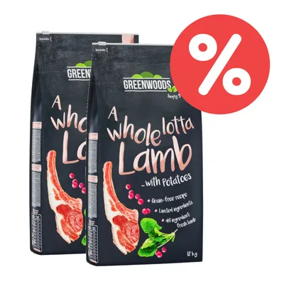 Greenwoods A Whole Lotta Lamb mit Kartoffeln, getreidefreie Rezeptur, frisches Lamm als Hauptzutat, 12 kg. Prozent-Symbol für Rabattaktion sichtbar.