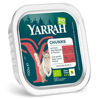 Yarrah Bio-Organic Chunks with chicken, beef, parsley & thyme. Grain-free recipe. 100g. EU organic certificate NL-BIO-01 and Beter Leven 3-star label.