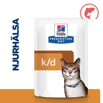 Hill's Prescription Diet k/d kattmat, förpackning med bild på katt och texten 'NJURHÄLSA' samt fiskikon synliga.