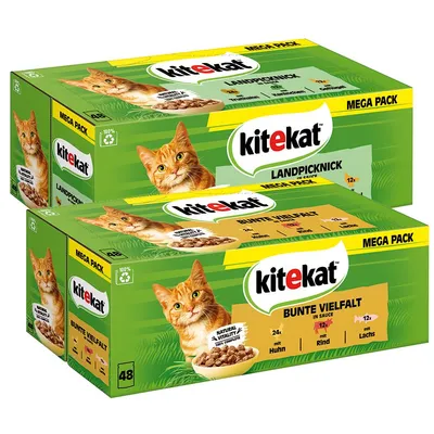 Kitekat Mega Pack Katzenfutter, Sorten Landpicknick und Bunte Vielfalt in Sauce. Enthält Huhn, Rind, Lachs. Verpackung mit grünem Design und Natural Vitality Hinweis.