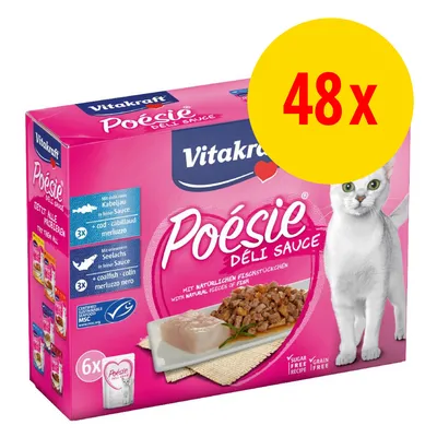 Vitakraft Poésie Deli Sauce, 48x Portionsbeutel mit natürlichen Fischstückchen, Sorten Kabeljau, Seelachs und Kohlenfisch. Zuckerfrei und getreidefrei.