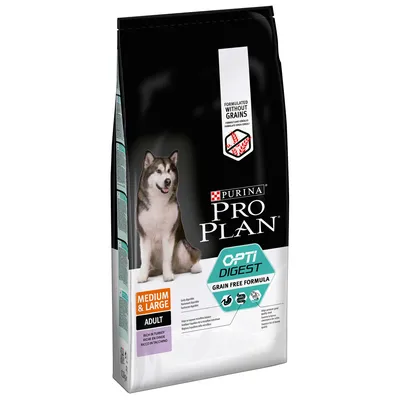 Purina Pro Plan OptiDigest Grain Free Formula Medium & Large Adult koiranruoka, kalkkunaa. Pakkaus: musta, kuvassa iso koira. Teksti: formulated without grains.