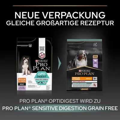 Neue Verpackung, gleiche grossartige Rezeptur. PRO PLAN OptiDigest wird zu PRO PLAN Sensitive Digestion Grain Free für Medium & Large Adult Hunde.