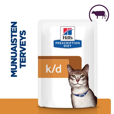 Hill's Prescription Diet k/d kissan märkäruoka, pakkauksessa kuva kissasta. Teksti: MUNUAISTEN TERVEYS. Yläkulmassa naudan siluetti.