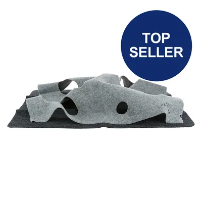 Graue Filzmatte mit Löchern und Wellenstruktur, ideal für Spiel- oder Versteckmöglichkeiten. Blauer Kreis mit Text 'Top Seller'.