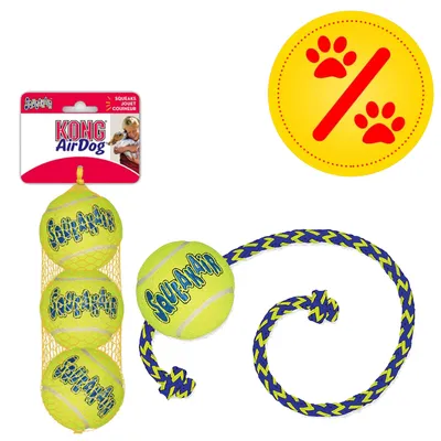 KONG AirDog Tennisbälle im Netz, gelber Ball mit blau-gelbem Seil, gelbes Symbol mit roten Pfoten und Prozentzeichen.