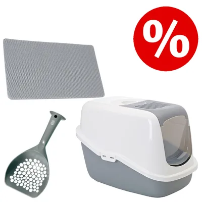 Set mit geschlossener Katzentoilette, grauer Streuschaufel und grauer Matte, rotes Prozentzeichen für Rabattaktion sichtbar.
