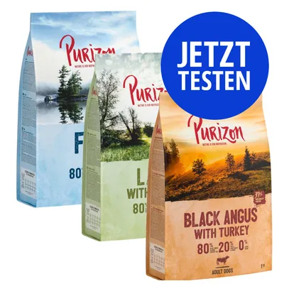 Purizon Black Angus with Turkey, Lamb with Fish und Fish Trockenfutter. Großer blauer Kreis mit weißem Text: JETZT TESTEN.