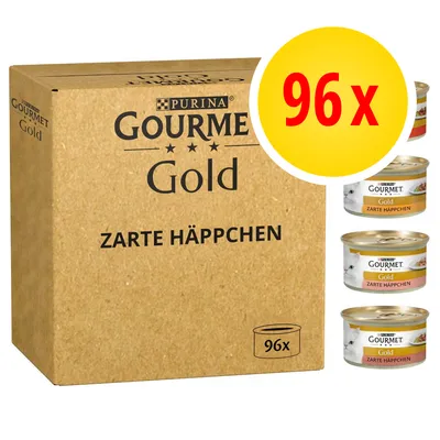 Scatola Purina Gourmet Gold Zarte Häppchen, confezione da 96. A destra, quattro lattine di alimento umido per gatti con etichetta Gourmet Gold Zarte Häppchen visibili.