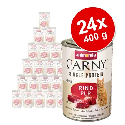 24 puszki po 400 g Animonda Carny Single Protein Adult Rind Pur, widoczna etykieta: czysta wołowina, bez zbóż, made in Germany, zdjęcie kota i kawałków mięsa na opakowaniu. 24 puszki po 400 g Animonda Carny Single Protein Adult Rind Pur, widoczna etykieta: czysta wołowina, bez zbóż, made in Germany, zdjęcie kota i kawałków mięsa na opakowaniu.