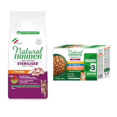 Natural Trainer Adult csirke - Sterilised pulyka 10 kg + Adult csíkok szószban 12 x 85 g Vegyes csomag (csirke, lazac, tonhal, pulyka) Natural Trainer Adult csirke - Sterilised pulyka 10 kg + Adult csíkok szószban 12 x 85 g Vegyes csomag (csirke, lazac, tonhal, pulyka)
