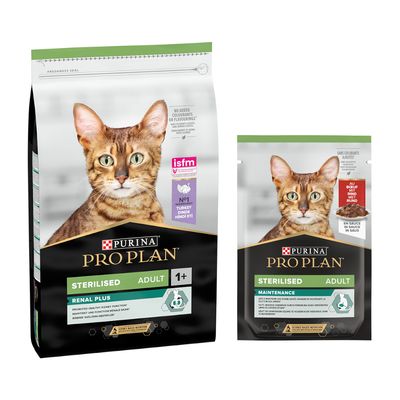 Purina Pro Plan Sterilised Adult Renal Plus et Maintenance, croquettes et sachet pour chat, texte visible : Bi-nutrition, isfm, poulet, en sauce. Chat tigré sur l’emballage.