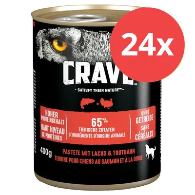 Crave paté con salmón y pavo, alto contenido en proteínas, 65% ingredientes animales, sin cereales, 400g, paquete de 24 latas.
