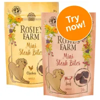 Rosie’s Farm Mini Steak Bites, Chicken and Beef, Adult, Grain Free Recipe. Front of two packs with dog illustration, one labelled Chicken, one Beef 70g. Orange badge reads Try now!