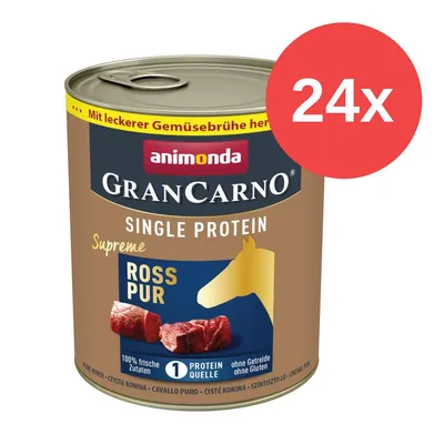 Animonda GranCarno Single Protein Supreme Ross Pur, 100% ingredienti freschi, 1 fonte proteica, senza cereali e glutine. Confezione da 24 lattine. Animonda GranCarno Single Protein Supreme Ross Pur, 100% ingredienti freschi, 1 fonte proteica, senza cereali e glutine. Confezione da 24 lattine.