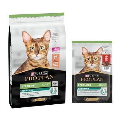 Purina Pro Plan Sterilised Adult Renal Plus et Maintenance, croquettes et sachet pour chat, texte visible : Bi-nutrition, isfm, poulet, en sauce. Chat tigré sur l’emballage.