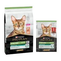 Pack bi-nutrition : PURINA PRO PLAN 10 kg de croquettes + 12 sachets de 85 g - 10 kg Sterilised riches en saumon + 12 x 85 g Sterilised bœuf