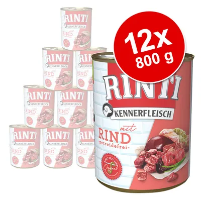 RINTI Kennerfleisch Rind, 12×800 g. Nápis na obalu: mit Rind, getreidefrei, Original. Zobrazeno dvanáct konzerv s masem a zeleninou. RINTI Kennerfleisch Rind, 12×800 g. Nápis na obalu: mit Rind, getreidefrei, Original. Zobrazeno dvanáct konzerv s masem a zeleninou.