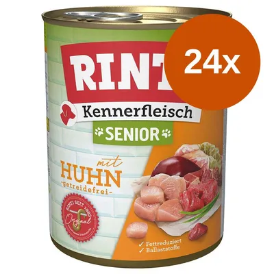 RINTI Kennerfleisch Senior mit Huhn, getreidefrei, 24x. Widoczne kawałki mięsa, oznaczenia: fettreduziert, ballaststoffe, oryginal od 1983. Opakowanie puszki.