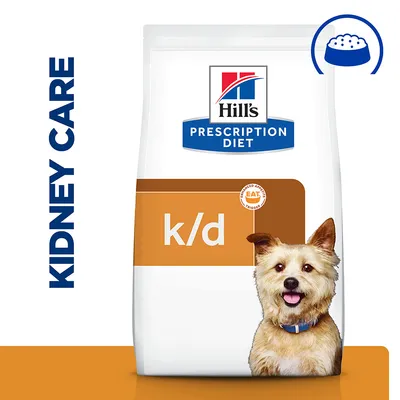Bag labelled Hill's Prescription Diet k/d with Kidney Care text, showing food bowl icon and 'Enhanced Appetite Trigger' badge.