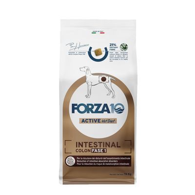 Zak Forza10 Active Vet Diet Intestinal Colon Fase 1 hondenvoer, 21% dietary fibre, zichtbaar hondensilhouet en productnaam op de verpakking. Inhoud: 10 kg.