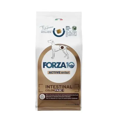 Zak Forza10 Active Vet Diet Intestinal Colon Fase 1 hondenvoer, 21% dietary fibre, zichtbaar hondensilhouet en productnaam op de verpakking. Inhoud: 10 kg.