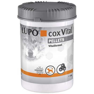 LUPO cox Vital Granulat, 675 g Dose mit Wolfsmotiv und Hundeskelett-Abbildung.