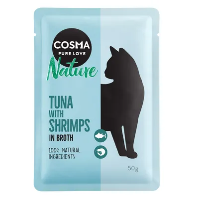 COSMA PURE LOVE Nature TUNA WITH SHRIMPS IN BROTH, 100% NATURAL INGREDIENTS, silueta kočky na obalu, hmotnost 50 g