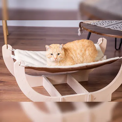 Holz-Hängematte mit beigem Stoffbezug, darauf liegt eine orangefarbene Katze. Geeignet für Haustiere.