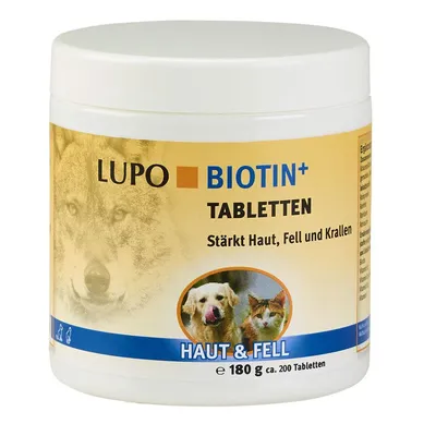 Opakowanie LUPO BIOTIN+ TABLETTEN, napisy: Stärkt Haut, Fell und Krallen, HAUT & FELL, 180 g, ok. 200 tabletten; zdjęcie psa i kota na etykiecie.