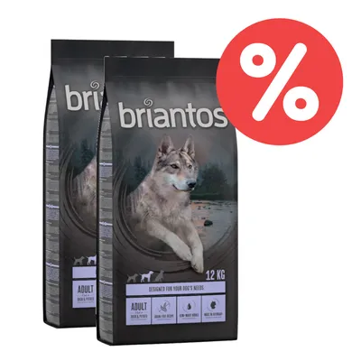 Briantos Adult Hundefutter, Ente & Kartoffel, 12 kg, getreidefrei, halbfeuchte Kroketten, hergestellt in Deutschland. Zwei Packungen mit Rabatt-Symbol.