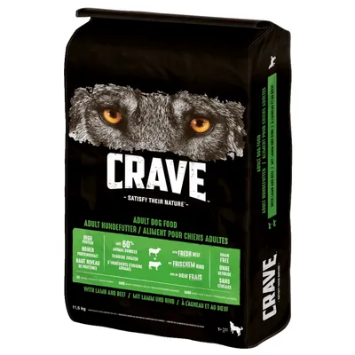 Crave Adult hondenvoer met lam en rund, hoog eiwitgehalte, vers rundvlees, graanvrij, 11,5 kg verpakking.