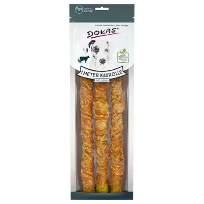 Dokas 1 Meter Kaurolle mit Huhn – opakowanie z trzema długimi gryzakami dla psa, widoczny napis i grafika psa na przodzie.