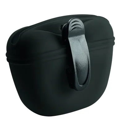 Contenitore nero in plastica con clip, senza marchi o testo visibili. Clip centrale per fissaggio a cintura o guinzaglio.