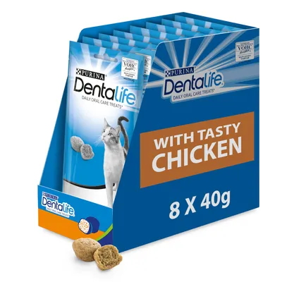 Purina Dentalife Daily Oral Care Treats for cats, with tasty chicken, 8 x 40g packs. VOHC Accepted stamp visible on packaging. Two treats shown in front of box.
