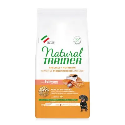 Natural Trainer hondenvoer, Sensitive Monoproteico Animale met zalm, 7 kg. Tekst: Aiuta la digestione, con ingredienti di origine naturale. Afbeelding van zalm en kleine hond.