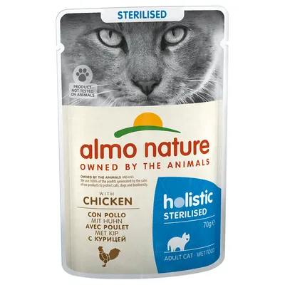 almo nature Sterilised Adult Cat wet food with chicken, 70g. Not tested on animals. Holistic recipe for sterilised cats.