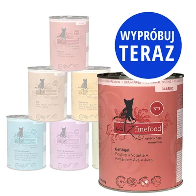 catz finefood Classic, różne puszki karmy dla kotów. Na dużej puszce widoczny napis: Geflügel Poultry Volaille Pollame Ave Aves. Niebieskie koło z tekstem: WYPRÓBUJ TERAZ.