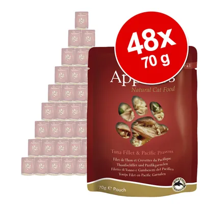 Applaws Natural Cat Food, Tuna Fillet & Pacific Prawns, 48 x 70 g poser. Synlig tekst: Dolphin Friendly. Billede viser flere poser stablet i baggrunden.