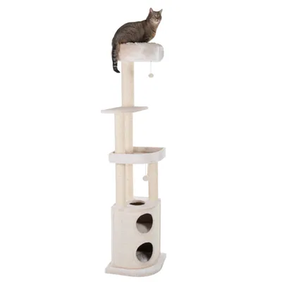 Multi-level beige cat tree with scratching posts, two enclosed cubby holes, platforms, hanging toys and a cat sitting on the top perch.