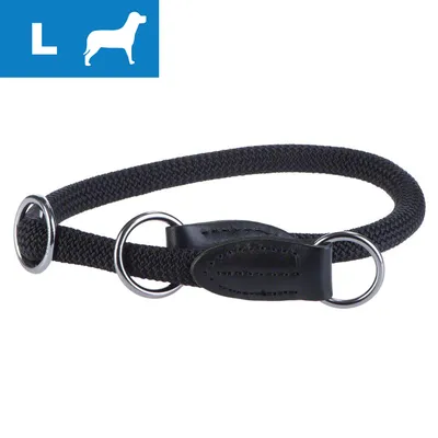 Collier pour chien taille L, corde tressée noire avec trois anneaux métalliques et empiècements en cuir noir visibles.