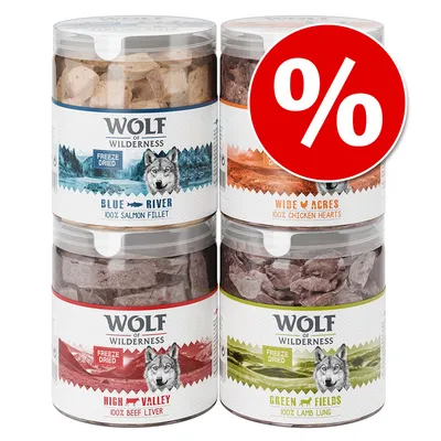 Wolf of Wilderness Freeze Dried: Blue River 100% Salmon Fillet, Wide Acres 100% Chicken Hearts, High Valley 100% Beef Liver, Green Fields 100% Lamb Lung. Červený symbol percenta.
