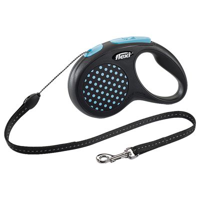 Guinzaglio avvolgibile Flexi con impugnatura nera, dettagli azzurri e pois azzurri, corda nera e moschettone in metallo visibile.