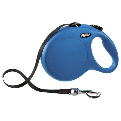 Retractable lead with a blue plastic handle, black tape leash and metal clip for attaching to a collar or harness.