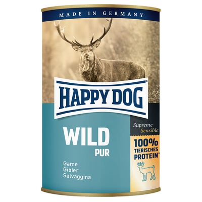 Konzerva Happy Dog Wild Pur, Supreme Sensible, 100 % tierisches Protein, Made in Germany. Text: Game, Gibier, Selvaggina. Obrázok jeleňa na etikete.