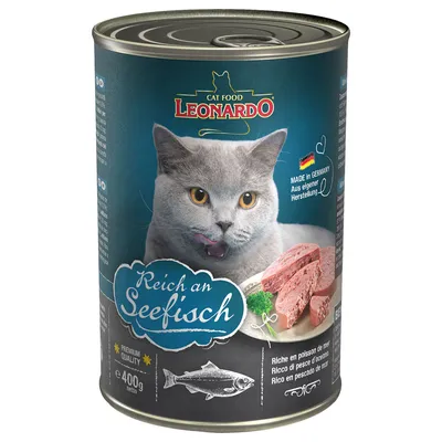 Leonardo Cat Food, ricco di pesce di mare, Made in Germany, Premium Quality, lattina da 400g. Raffigurati: gatto grigio e paté di pesce.