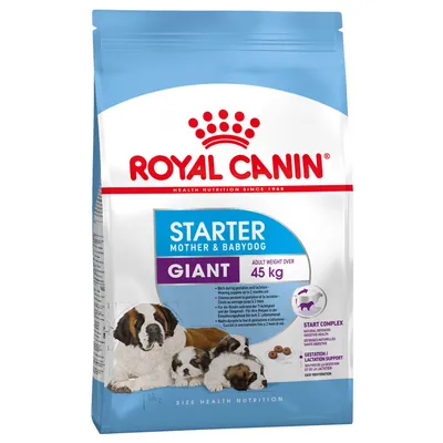 Royal Canin Starter Mother & Babydog Giant, voor volwassen gewicht boven 45 kg. Afbeelding van grote hond met puppy’s. Tekst: Start Complex, Gestation Lactation Support.