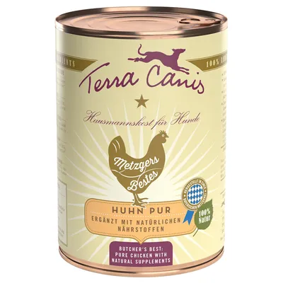 Blik Terra Canis hondenvoer, Huhn Pur. Tekst: Hausmannskost für Hunde, Metzgers Bestes, ergänzt mit natürlichen Nährstoffen, 100% Natur, Butcher’s Best: Pure chicken with natural supplements.