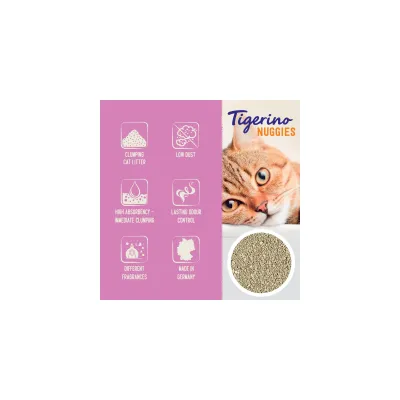 Tigerino Nuggies. Klumpende kattegrus, lavt støvniveau, høj absorberingsevne, øjeblikkelig klumpdannelse, langvarig lugtkontrol, forskellige dufte, fremstillet i Tyskland. Billede af kattegrus og kat.